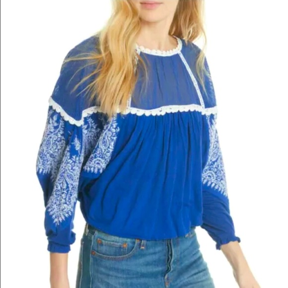 Free People Embroidered Sequin Mesh Balloon Peasant Blouse Top - Picture 7 of 13